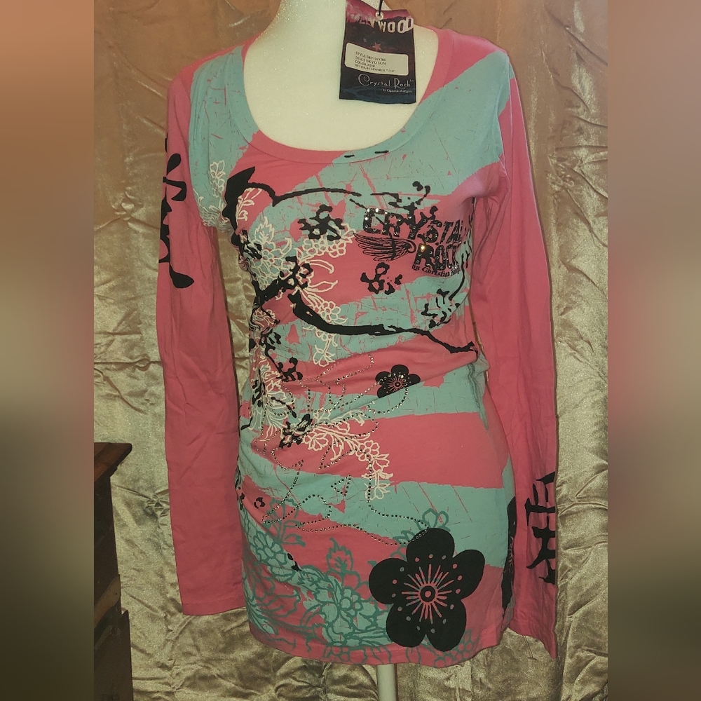 NWT Crystal Rock by Christian Audigier RARE long sleeve tee shirt, size S